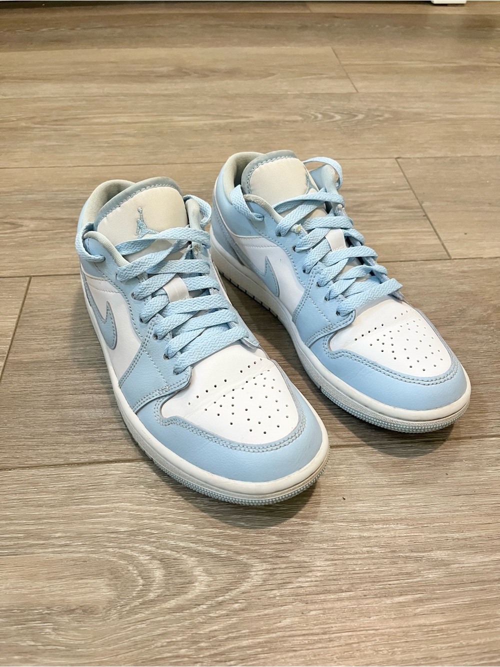 Womens Air Jordan 1 Low Profile Sneakers in White and Ice Blue